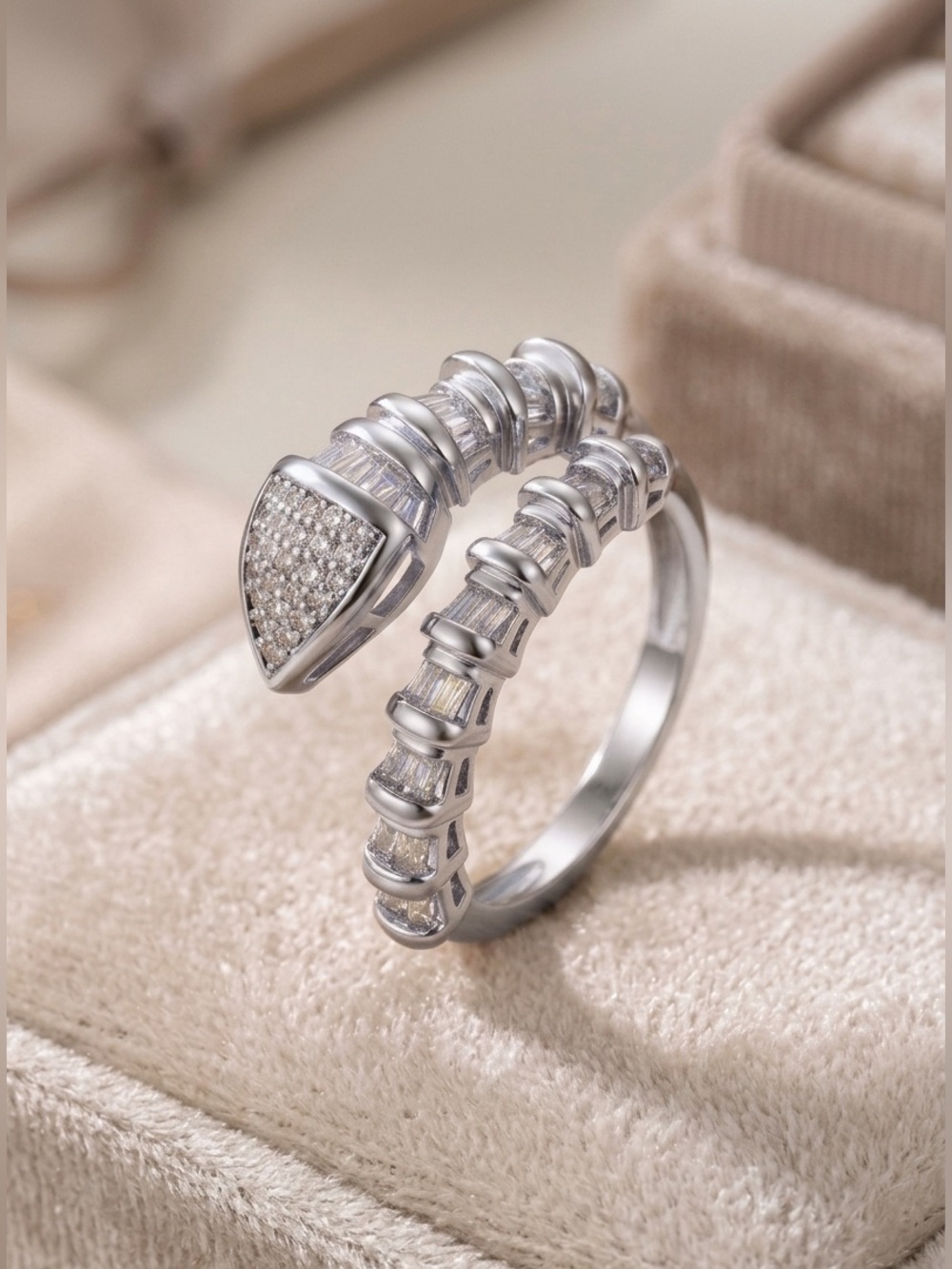 Snake Ring Adjustable Ring Platinum Plated Baguette Statement Dainty Ring